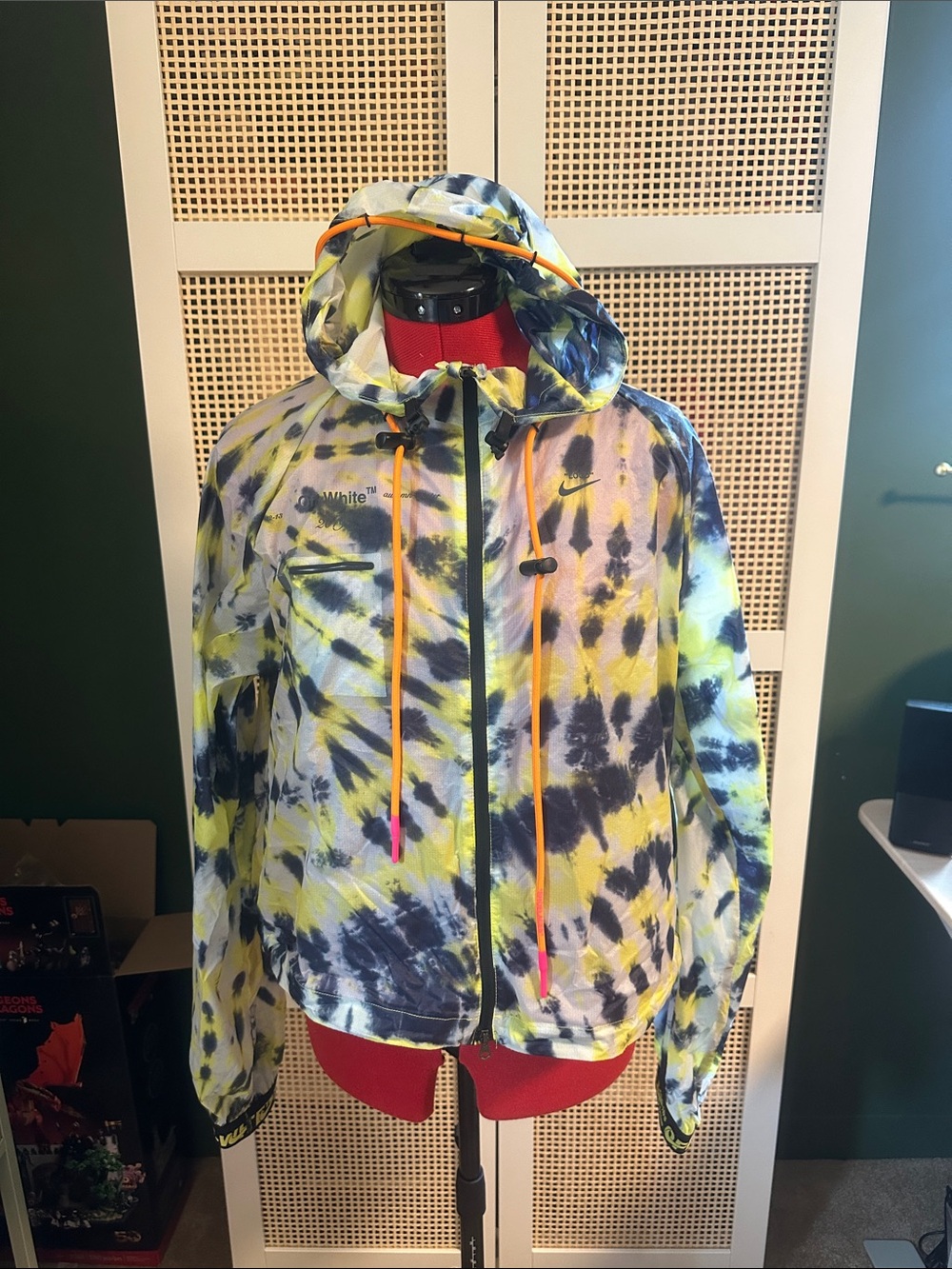 Off-White Tie-Dye Hooded Bomber Jacket in Yellow, Navy & White